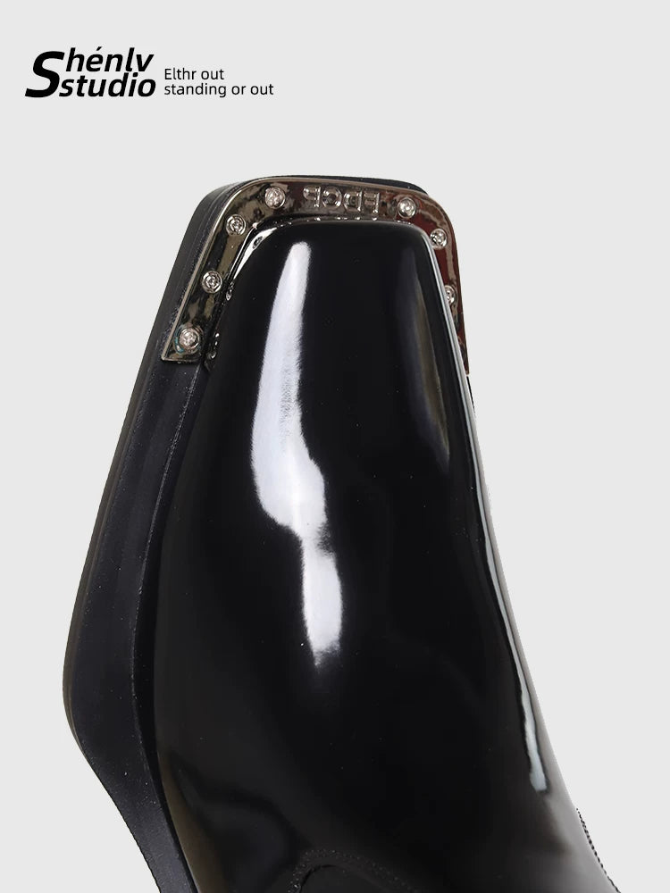 SHENLV STUDIO Glossy Square High-heeled Leather Boots