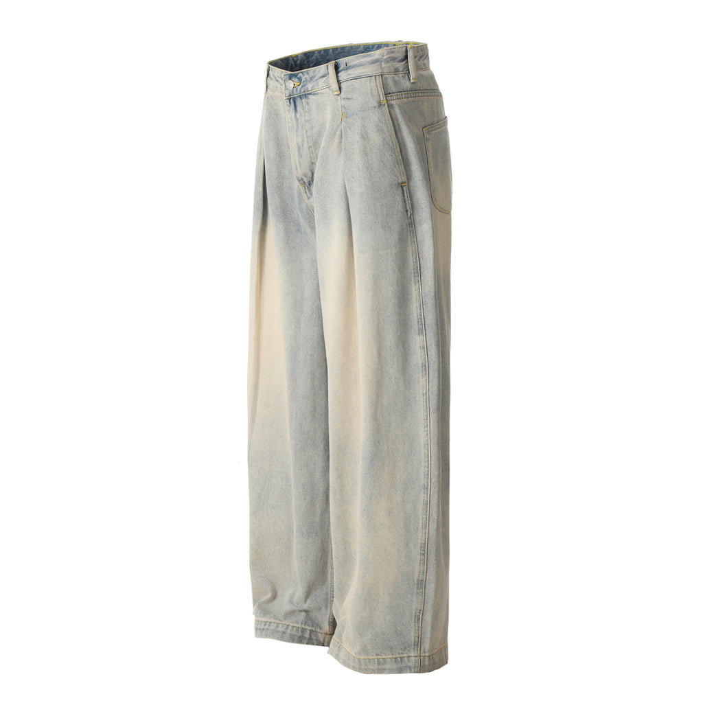 11KN retro washed old jeans pleated loose wide-leg trousers
