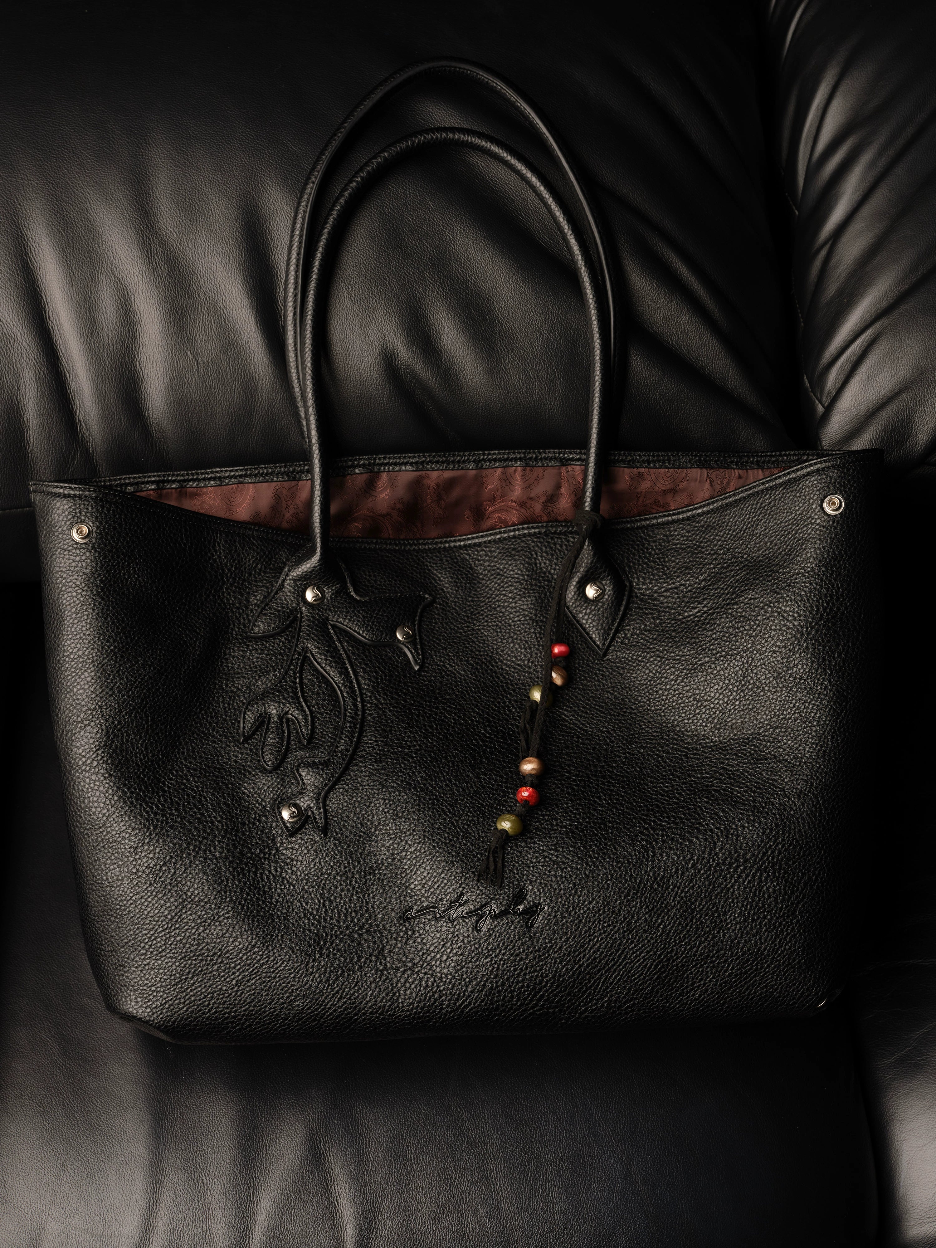 NOT UGLY 25AW Double-sided dark brown red inner three-dimensional honeysuckle flower portable lychee leather shoulder oblique span bag