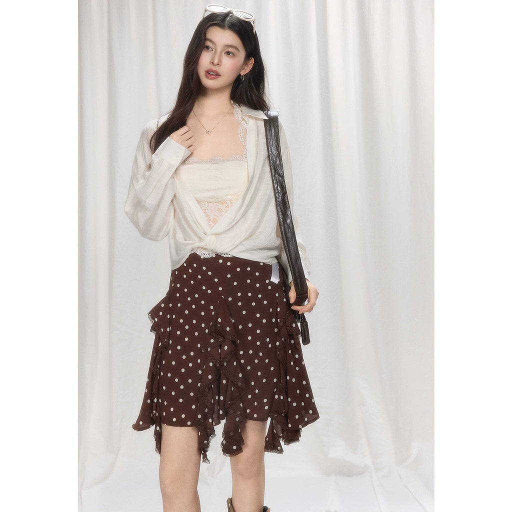 TYANG Retro Polka Dot Irregular Suspender Skirt
