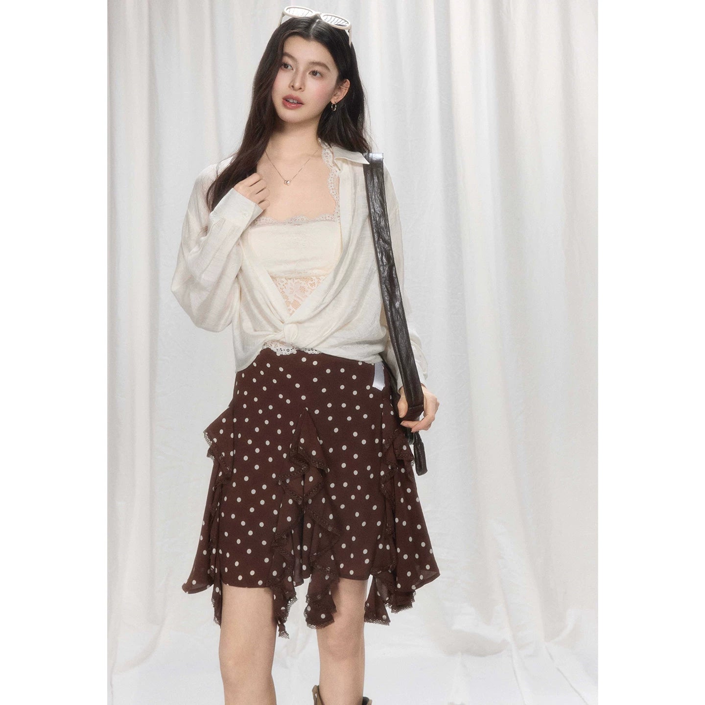 TYANG Retro Polka Dot Irregular Suspender Skirt