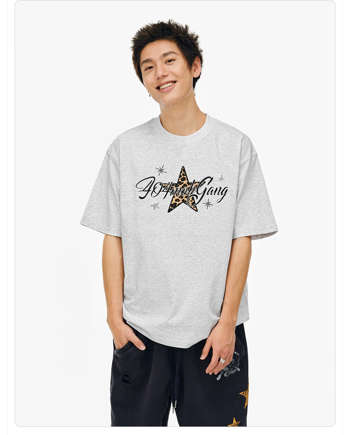 404MOB Leopard Print Star Hot Diamond Embroidery Tee
