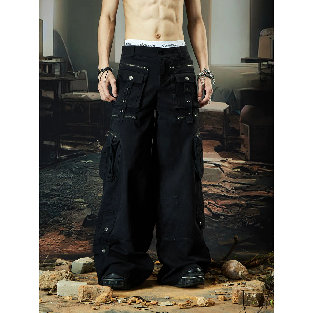 NOMANIAI Multi-pocket Streamer Zipper Splicing Layered Casual Pants
