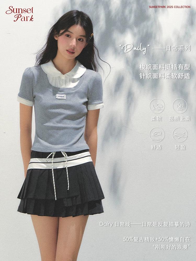 SunsetPark Doll Collar Stitching Knitted Tee