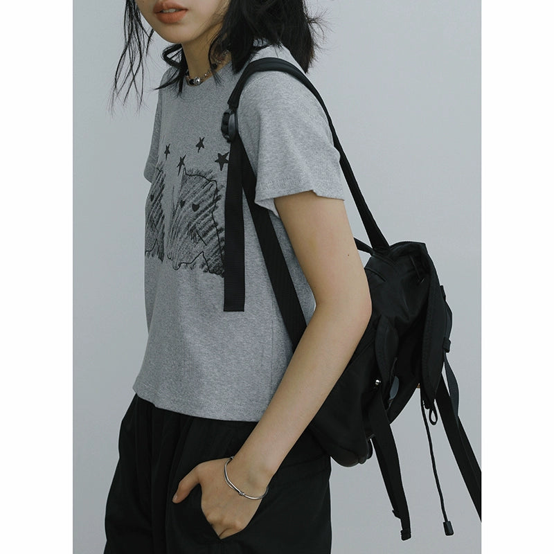 STILLYOU Kitten Print Slim Short Knitted Tee