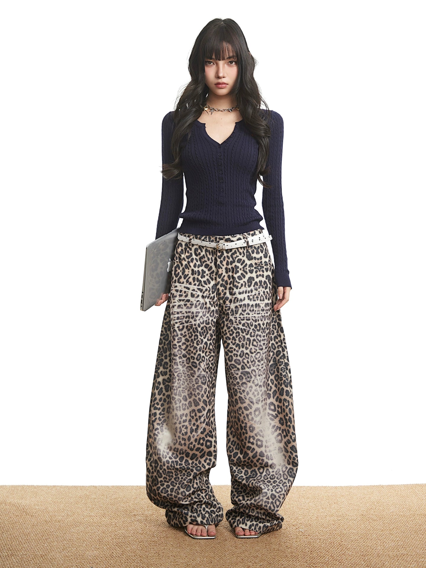 Mershier Leopard Wide Leg Loose Straight Jeans
