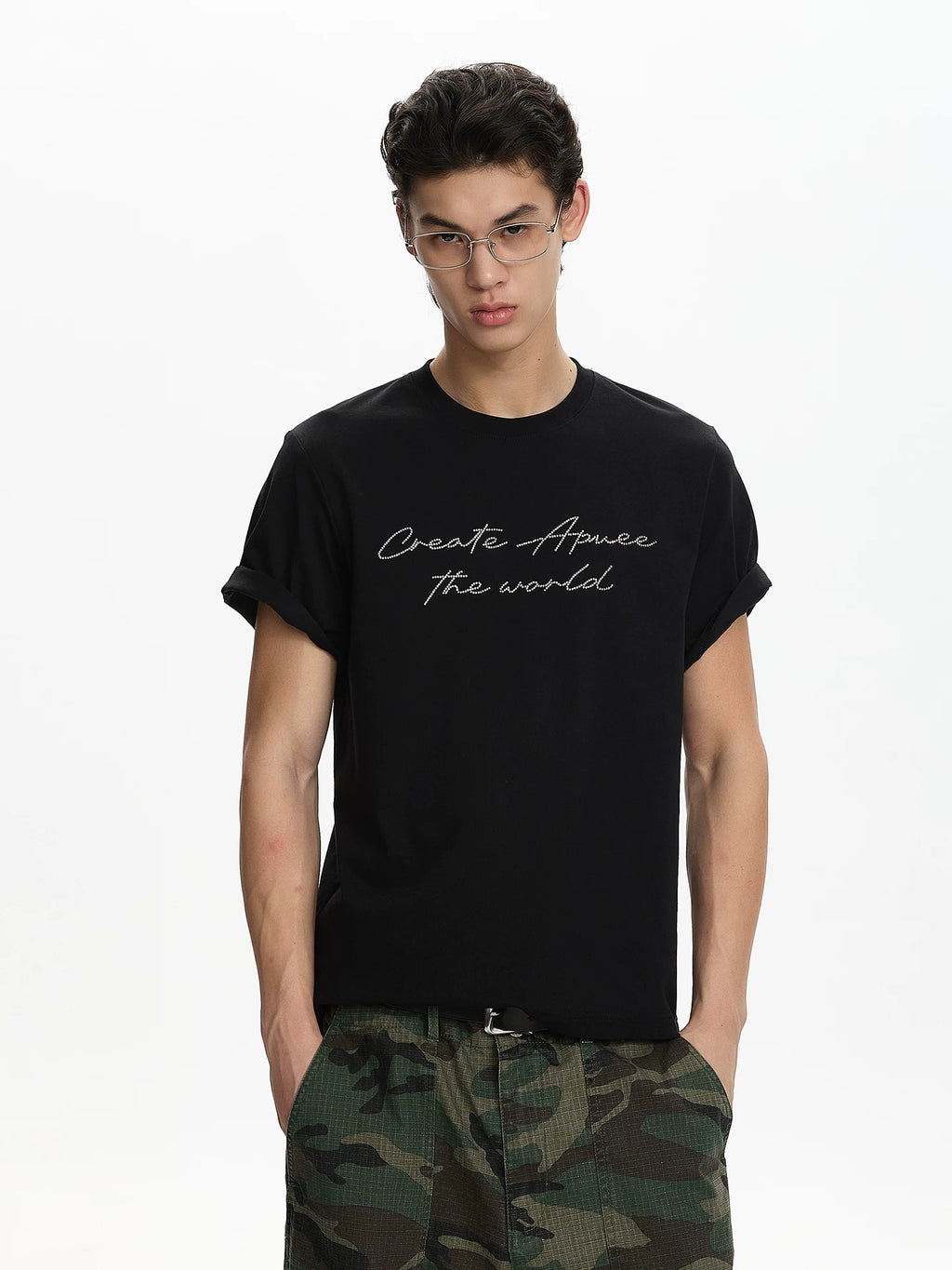 A PUEE Vintage Premium Letter Hot Diamond Shoulder Tee