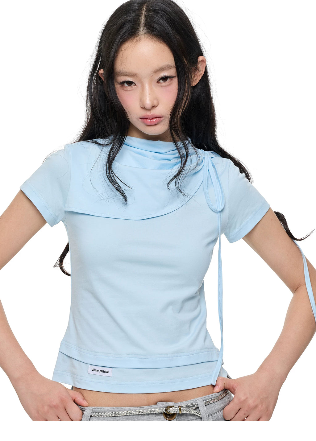 JIKOO Knot Vertical Pleated Shoulder Collar Casual Tee