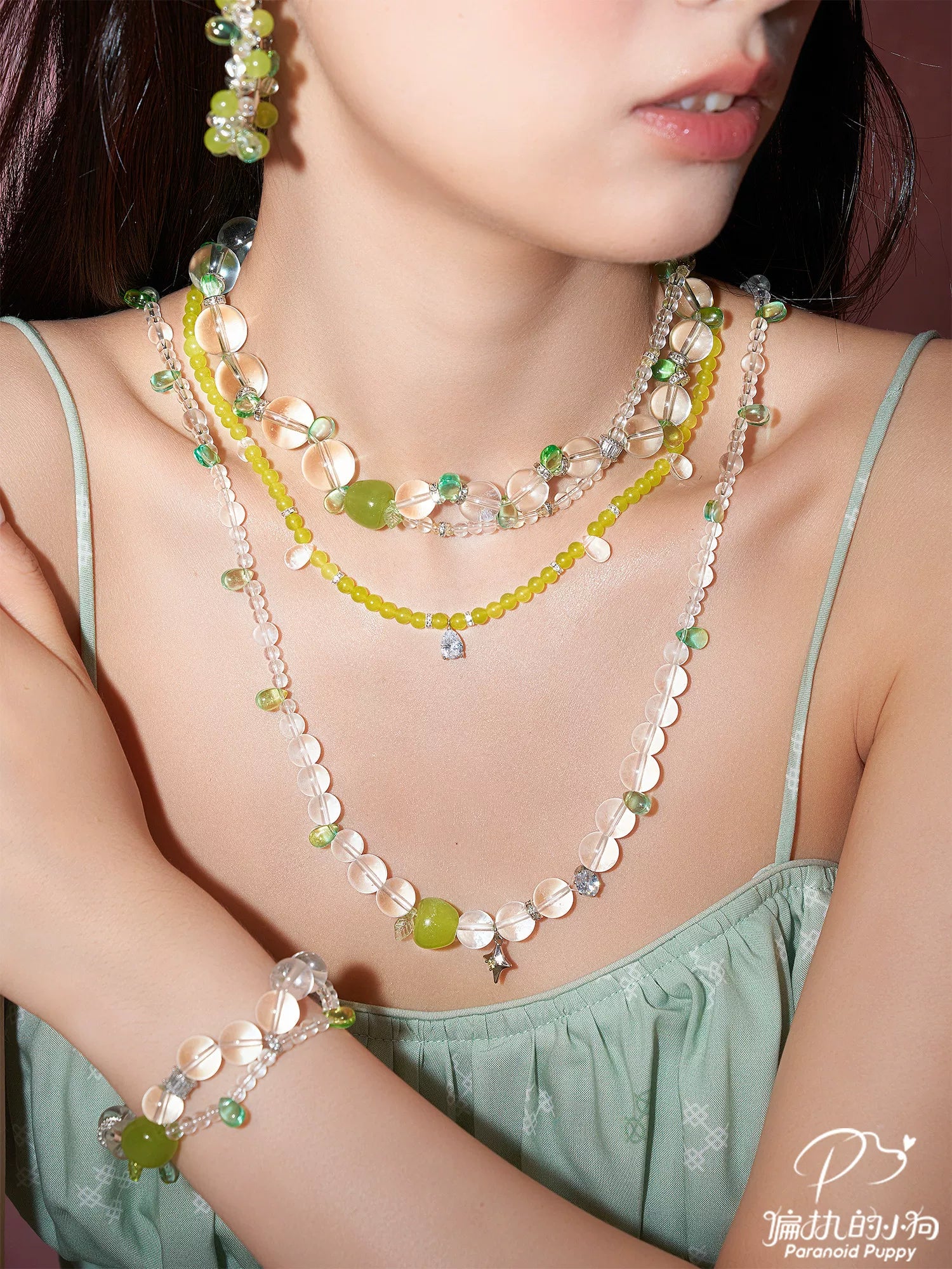PP Green Apple Crystal Beaded Versatile Clavicle Chain