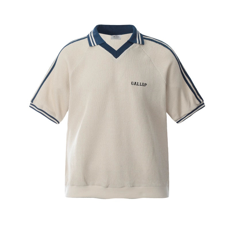 BTSG contrasting webbing striped flip V-neck short-sleeved Tee