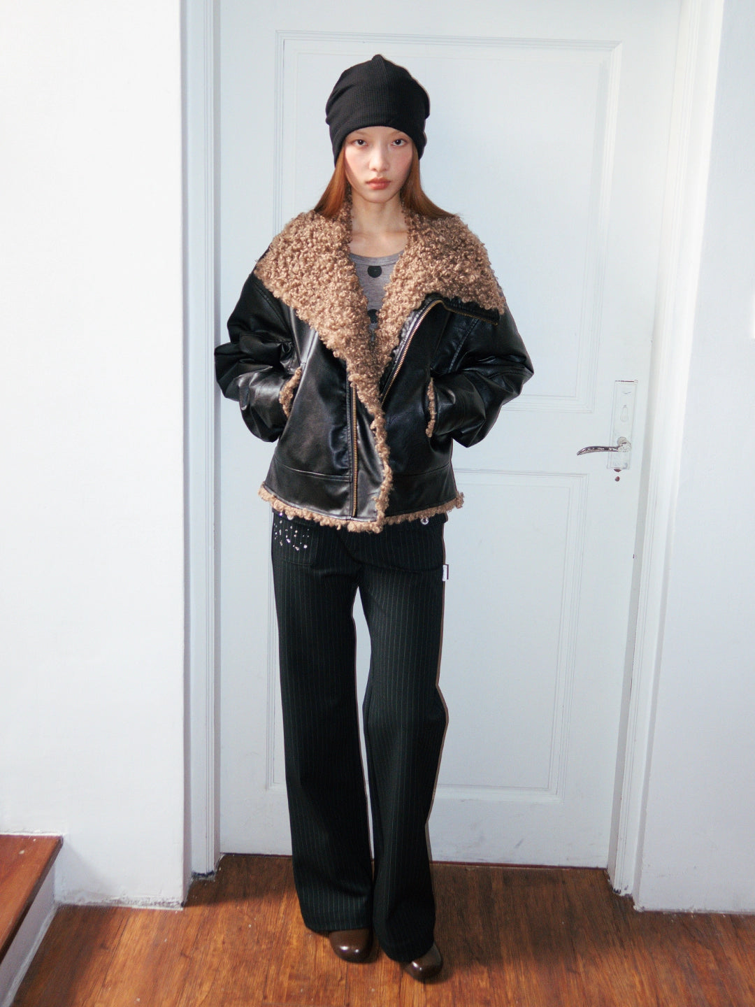 FUNKYFUN Leather Contrasting Spliced Cotton Jacket