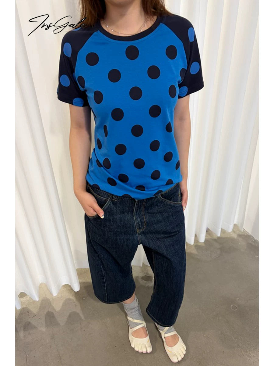 InsGale Contrast Polka Dot Shoulder Tee