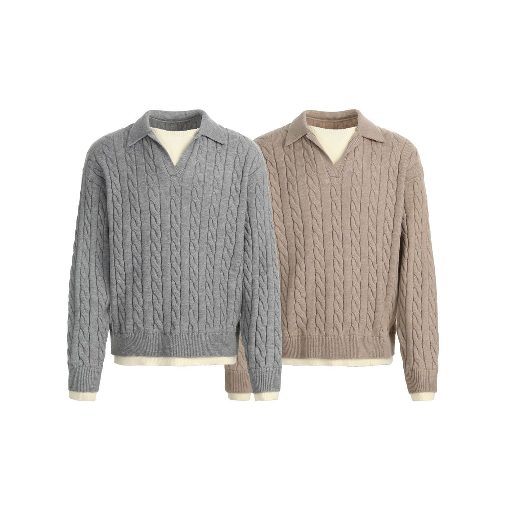CHANYOOU Vintage Woven Twist Pattern Lapel Knitted Sweater