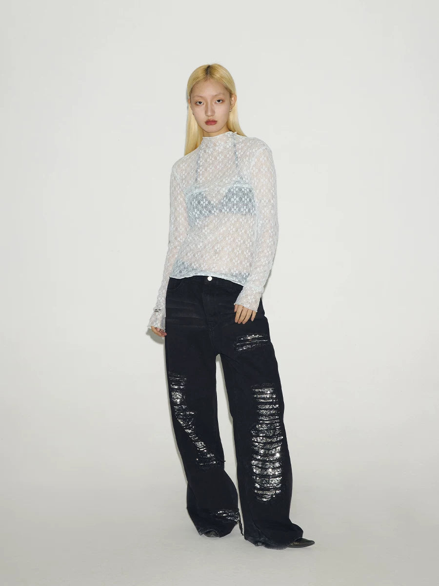 CONP Retro Sequined Ripped Jeans