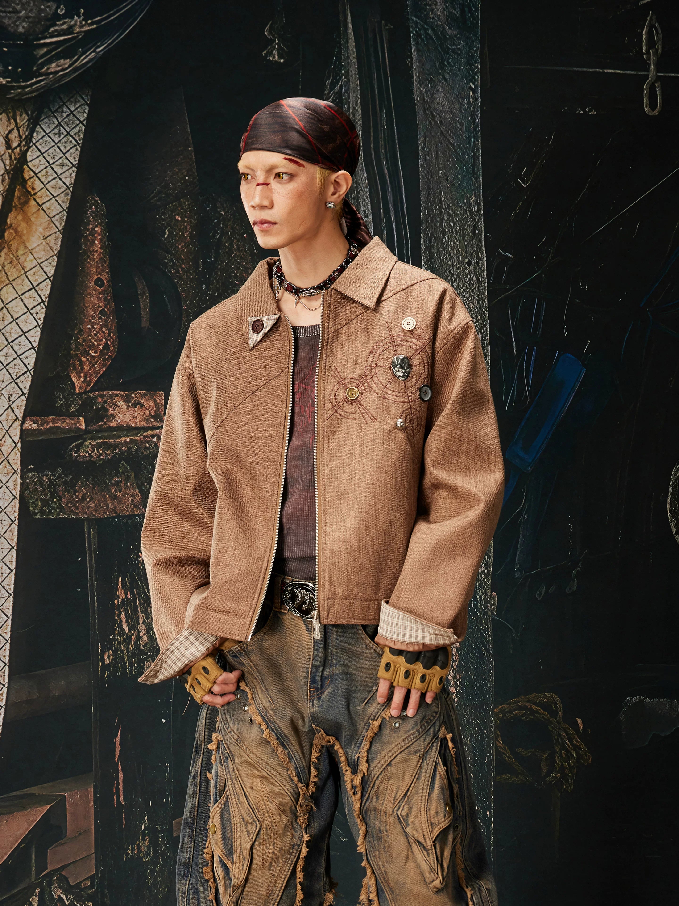 NOMANIAI Vintage Plaid Stitched Lapel Zip Jacket Jacket