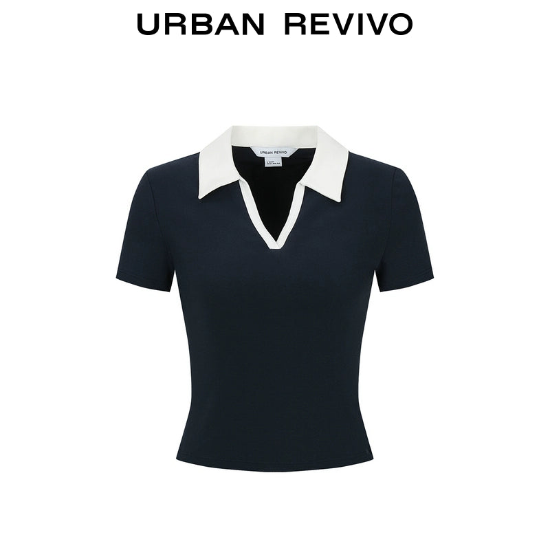 URBAN REVIVO Simple Contrasting Lapel Slim Tee