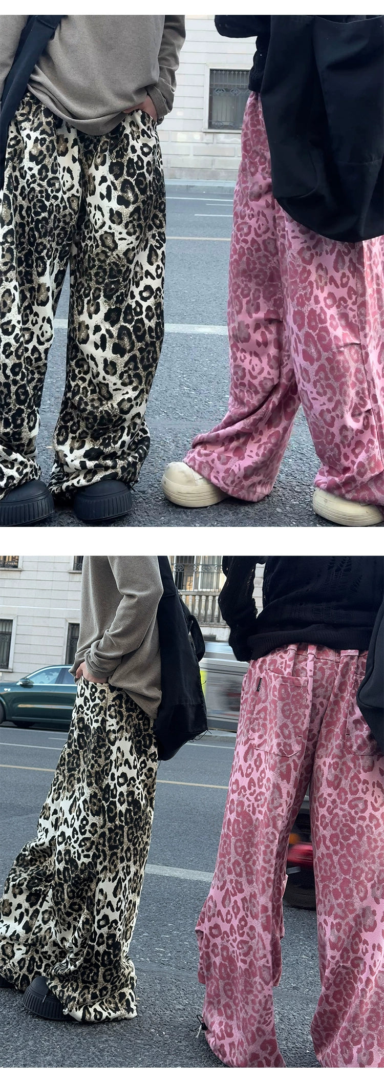 STILLYOU Vintage Rock Leopard Print Straight-pleated Slacks