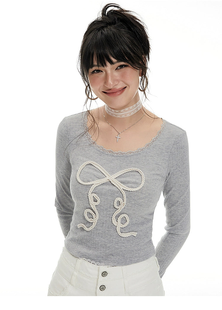 Imone Lace Woven Bow Knitted Sweater Long Sleeve