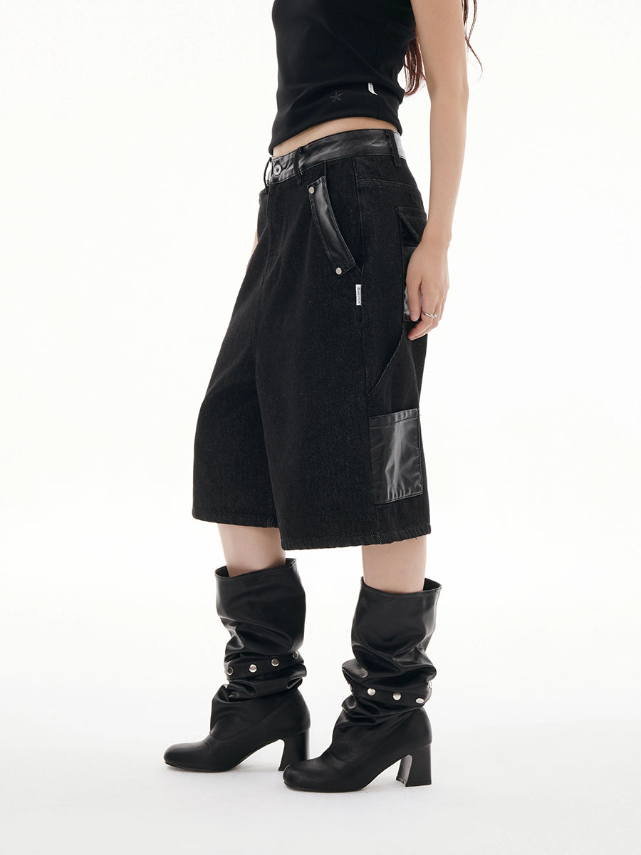 FUNKYFUN Splicing Loose Wide Seven-Point Jeans