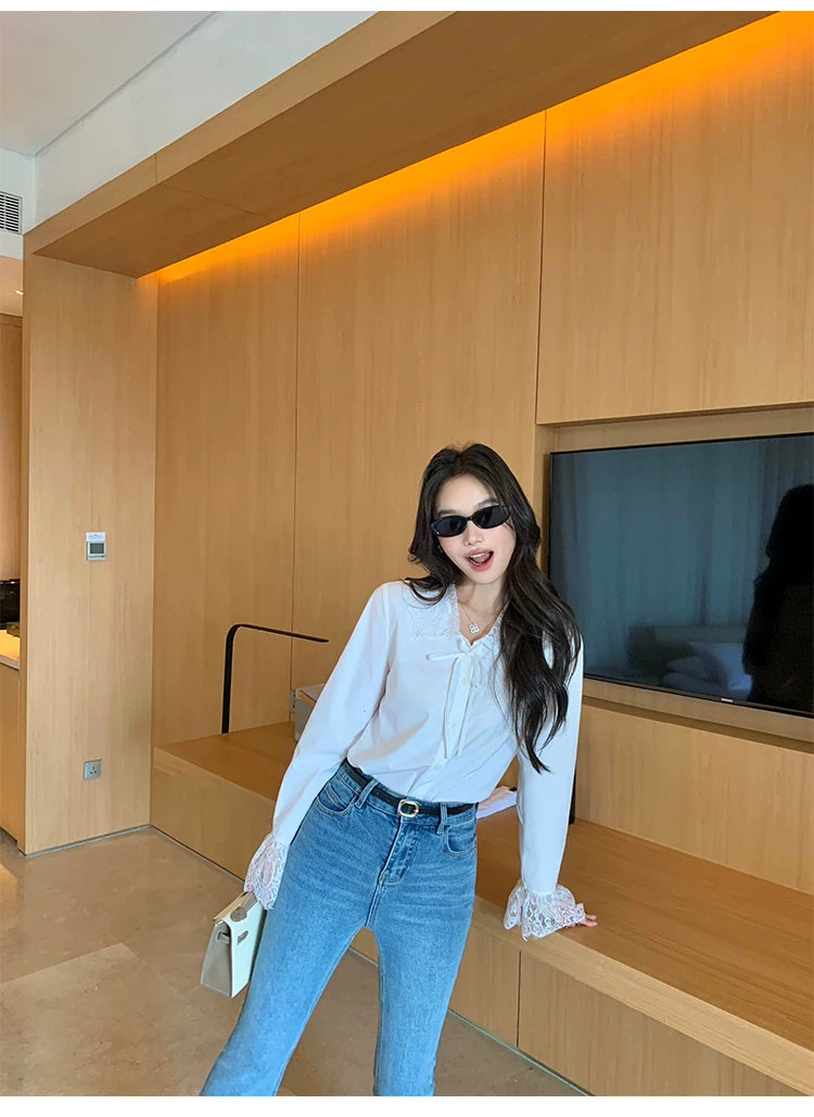 Pusumede Lace Stitching Long Sleeve Shirt