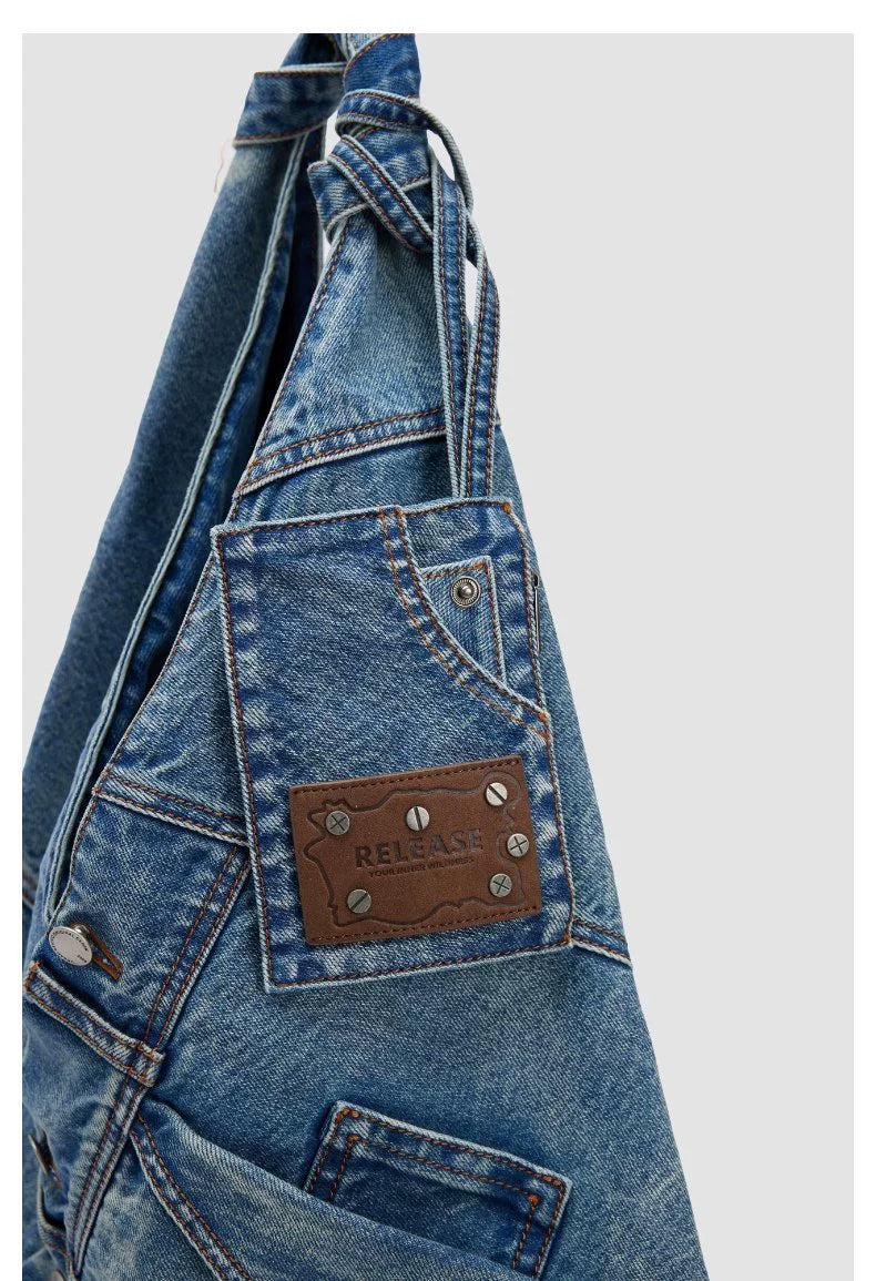 URBAN REVIVO Large Capacity Denim Tote Shoulder Bag