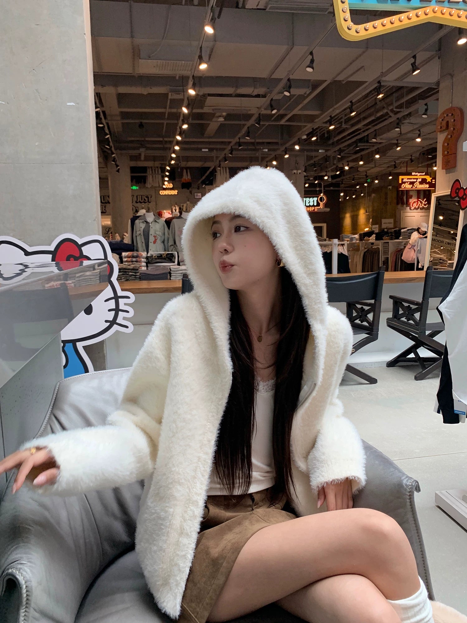 Pusumede Temperament Comfortable Hooded Warm Fluffy Jacket