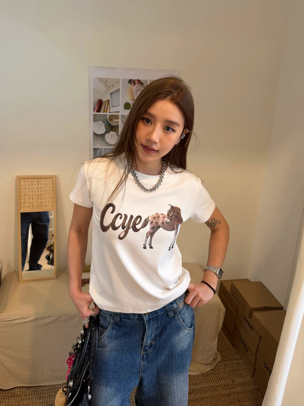 CCYE Front Shoulder Slightly Loose Round Neck Tee