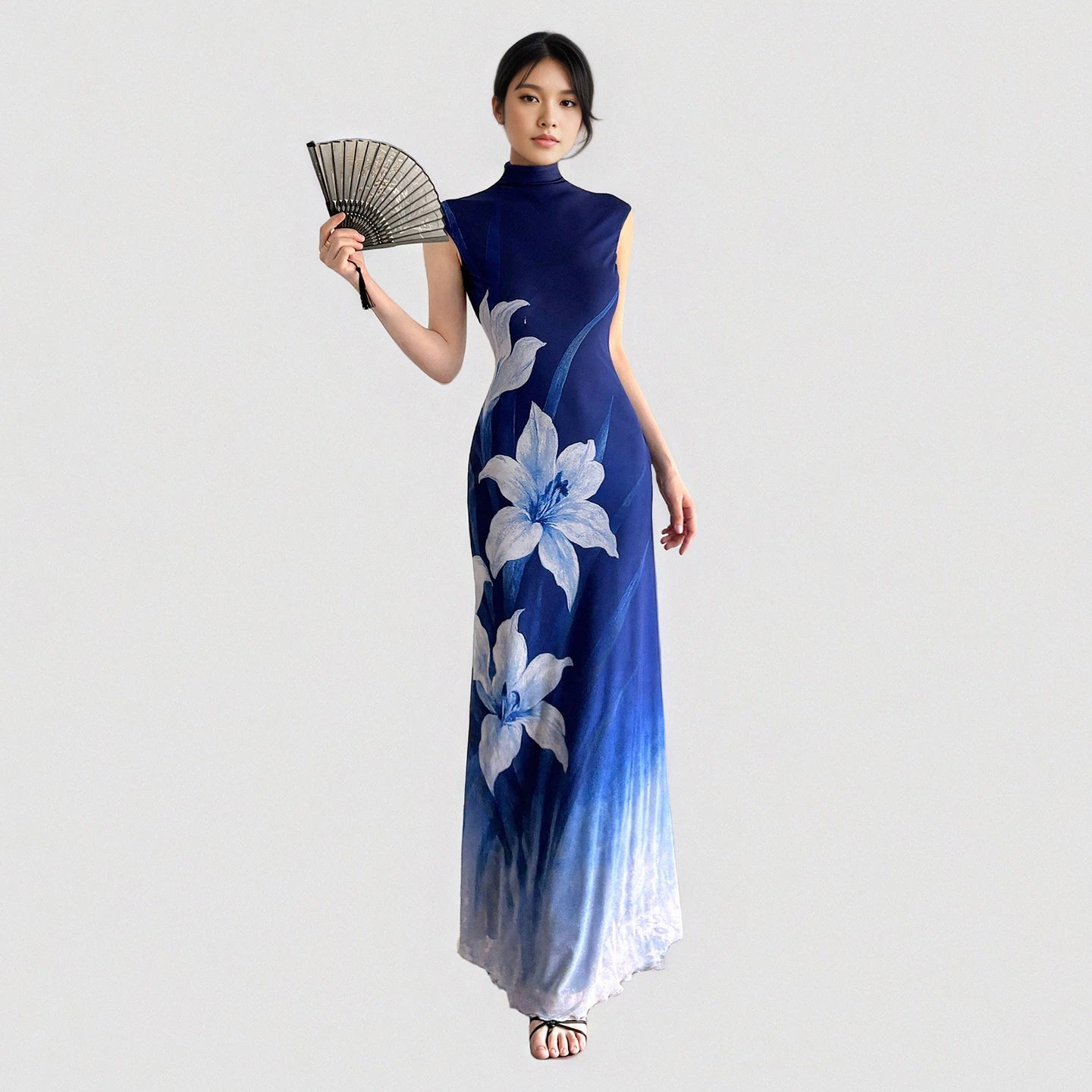 FUNOFF Retro Flower Gradual Change Waist Mesh Dress