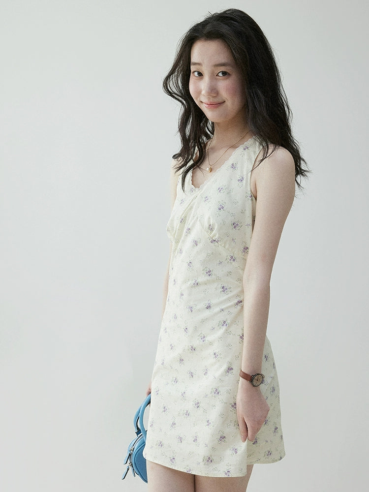 VOOE V Neck Floral Waist Strap Dress