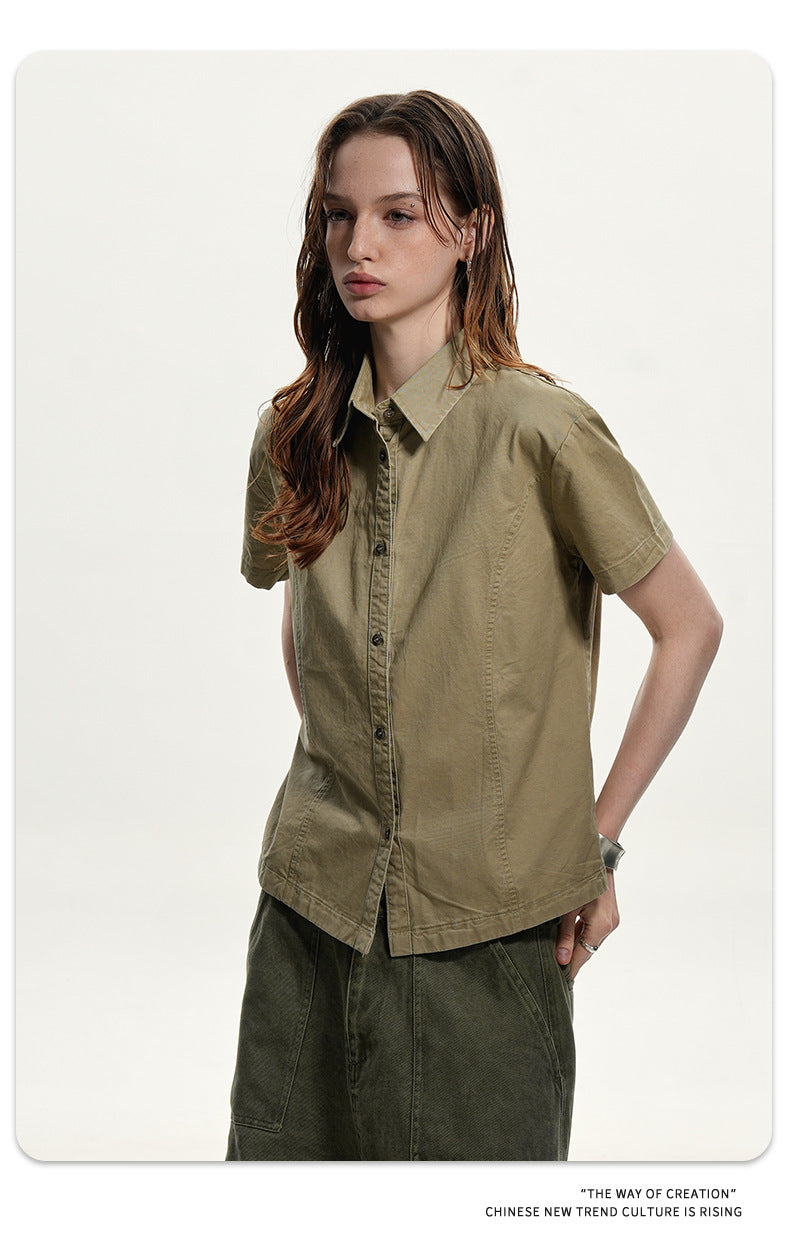 11KN Vintage Simple Loose Casual Lapel Shoulder Shirt