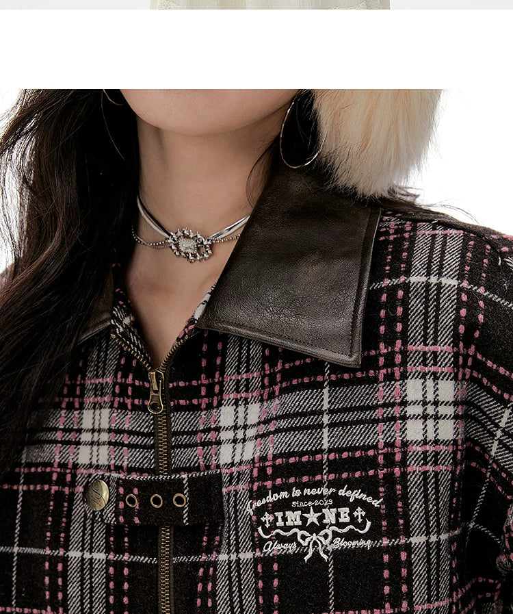 Imone Contrasting Plaid Leather Collar Loose Woolen Short Jacket