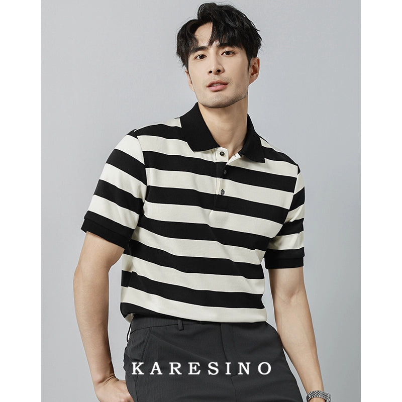 KARESINO Breathable Striped Lapel Knitted Polo Shirt