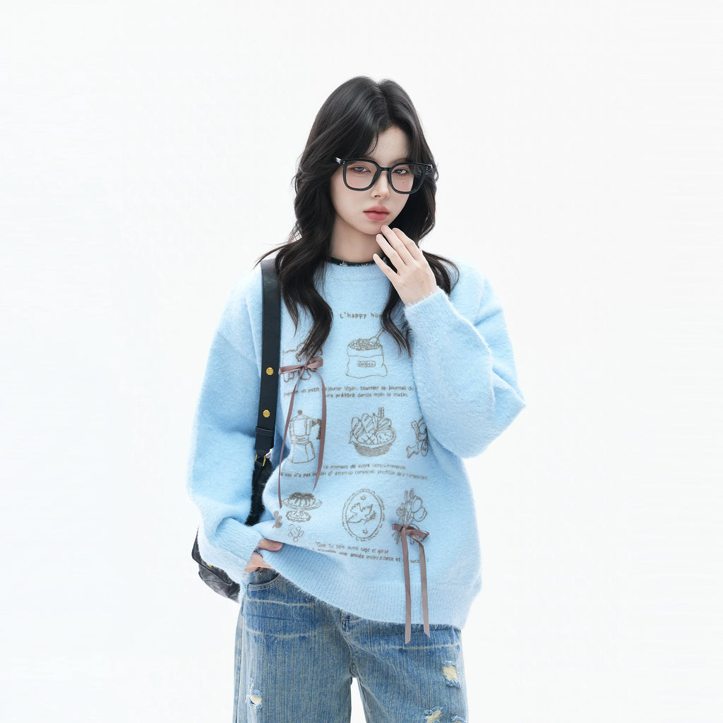 Zuocisankon Soft Waxy Knitted Bow Jacquard Sweater