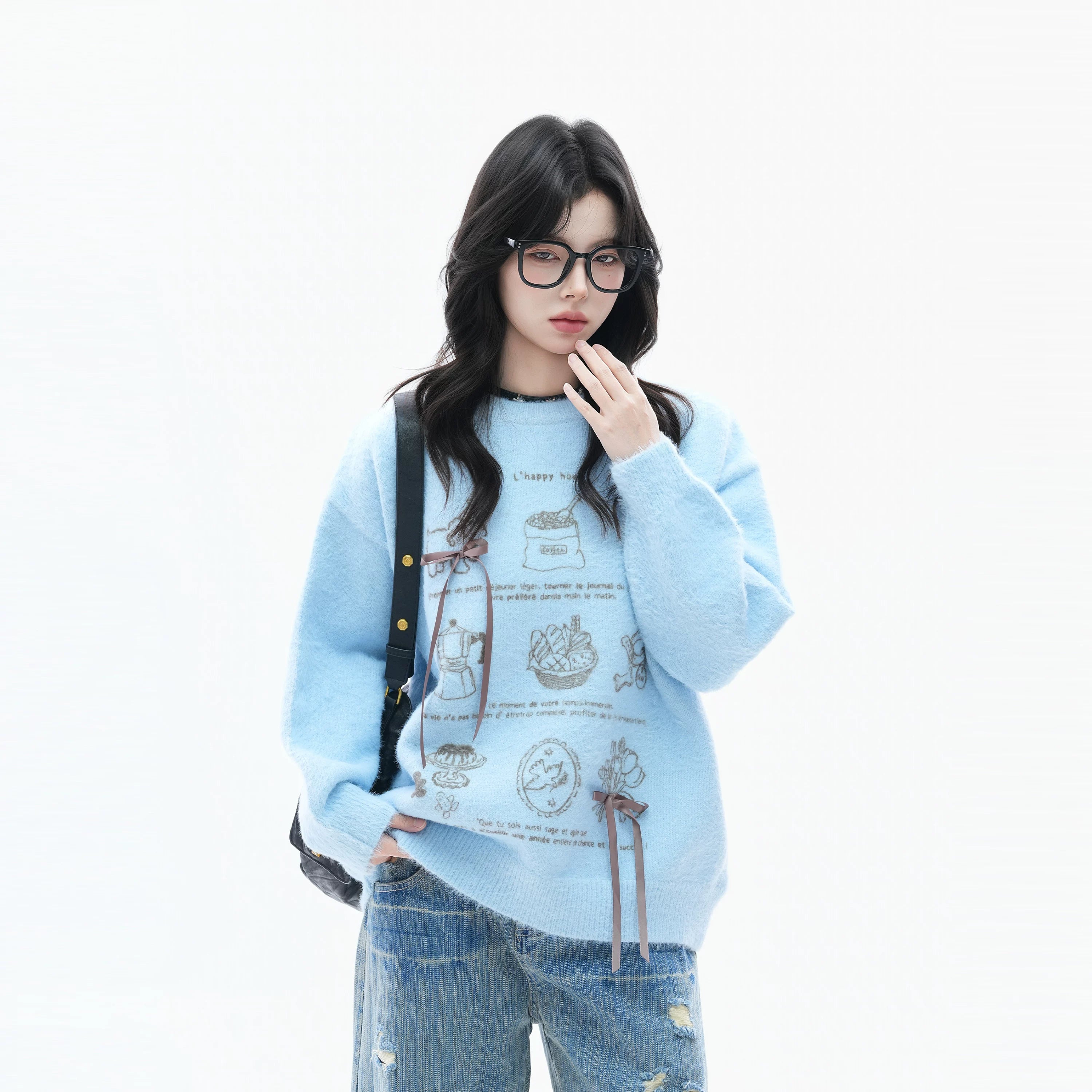 Zuocisankon Soft Waxy Knitted Bow Jacquard Sweater