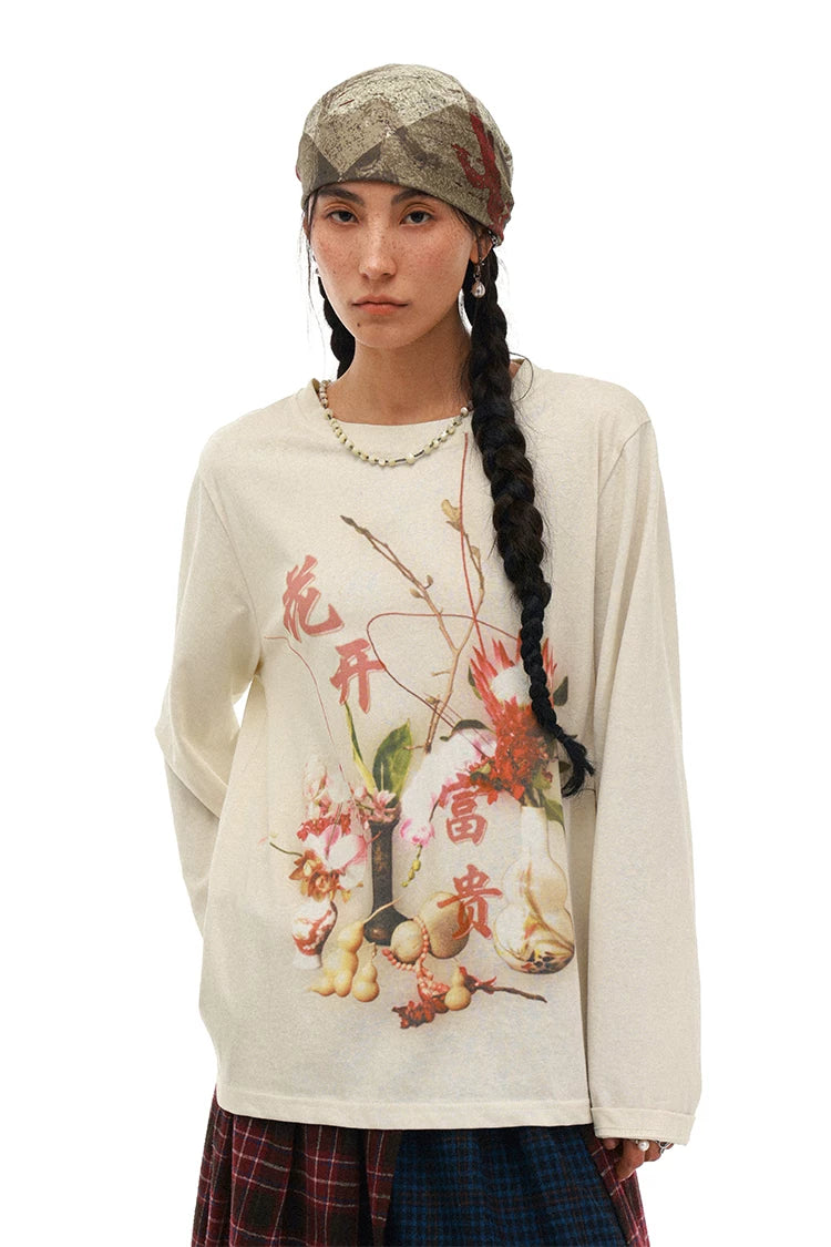 PHYS Chinese Floral Print Lazy Long-sleeved T-shirt