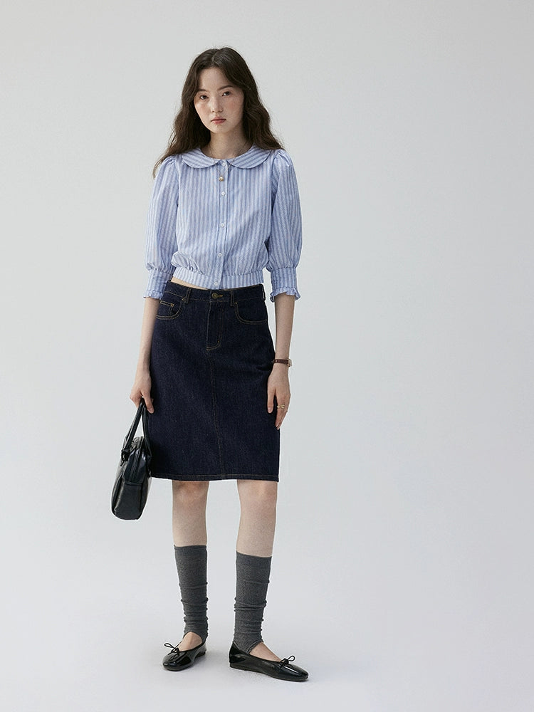 VOOE Short Doll Collar Striped Seven-quarter Sleeve Shirt