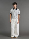 VLABMADE | Italian Old Money Contrast-Trim Polo Collar Wool-Linen Blend Knit Short Sleeve Top