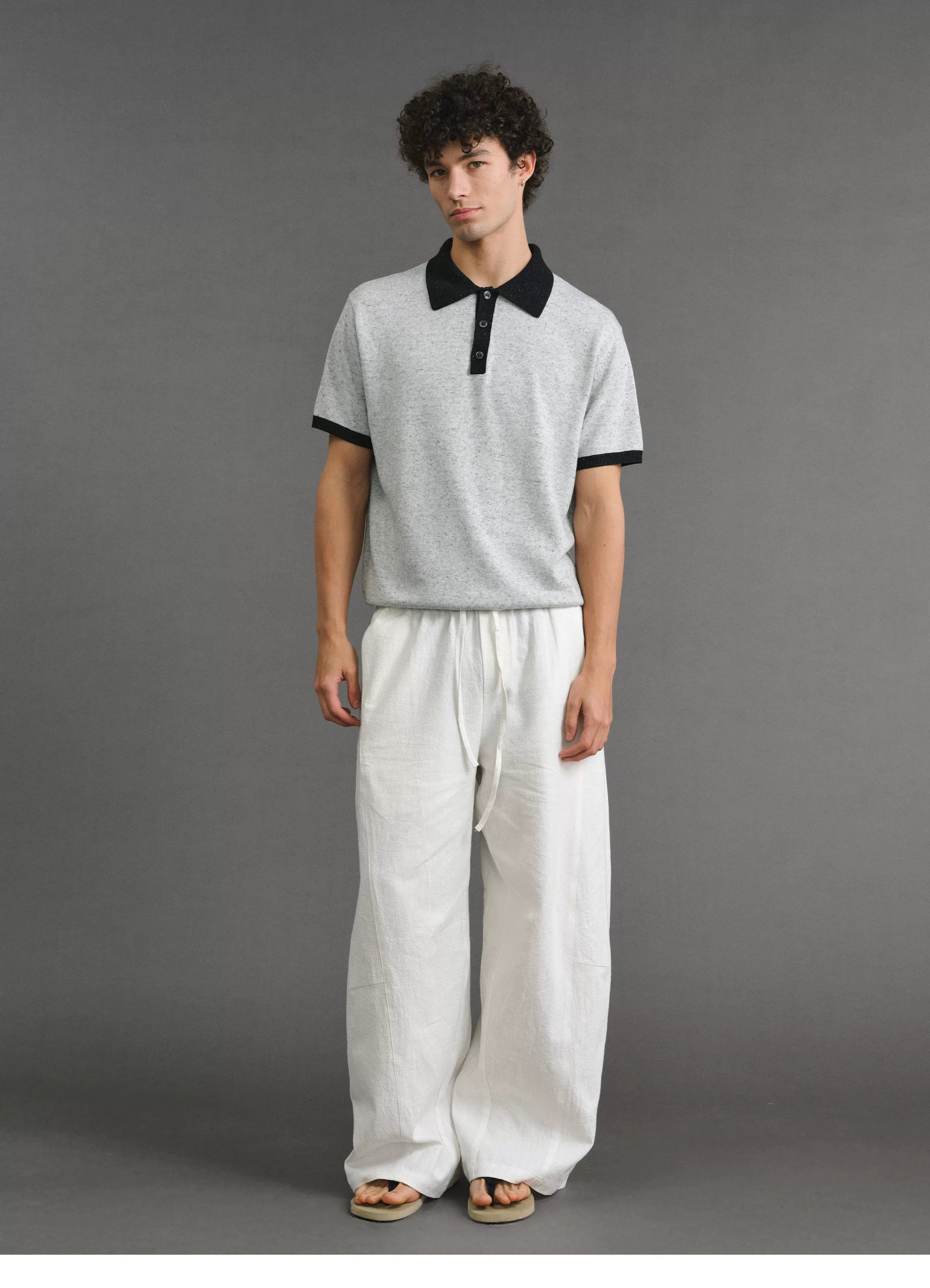 VLABMADE | Italian Old Money Contrast-Trim Polo Collar Wool-Linen Blend Knit Short Sleeve Top