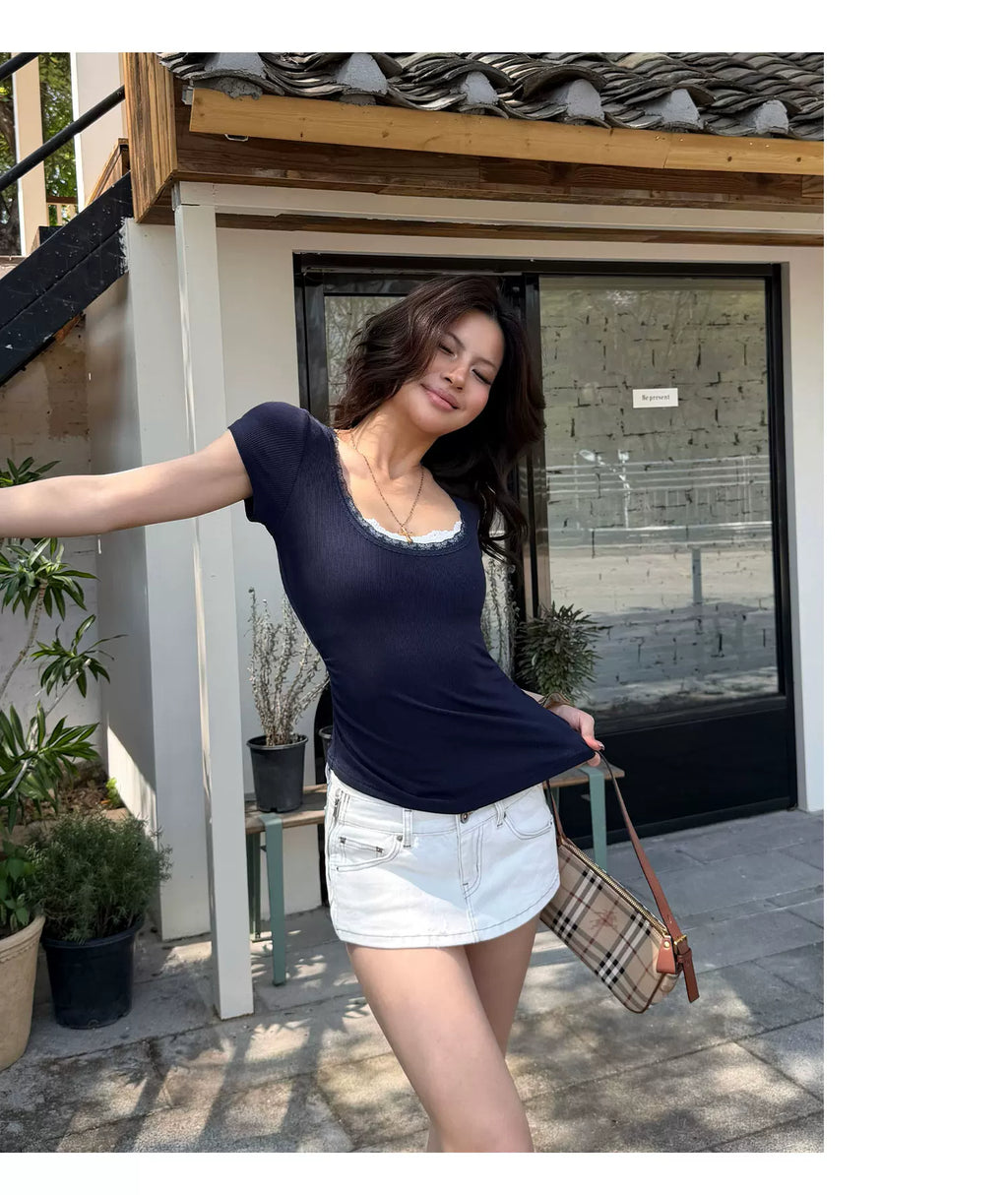 Audwyn Crew Neck Lace Stitching Slim Tee