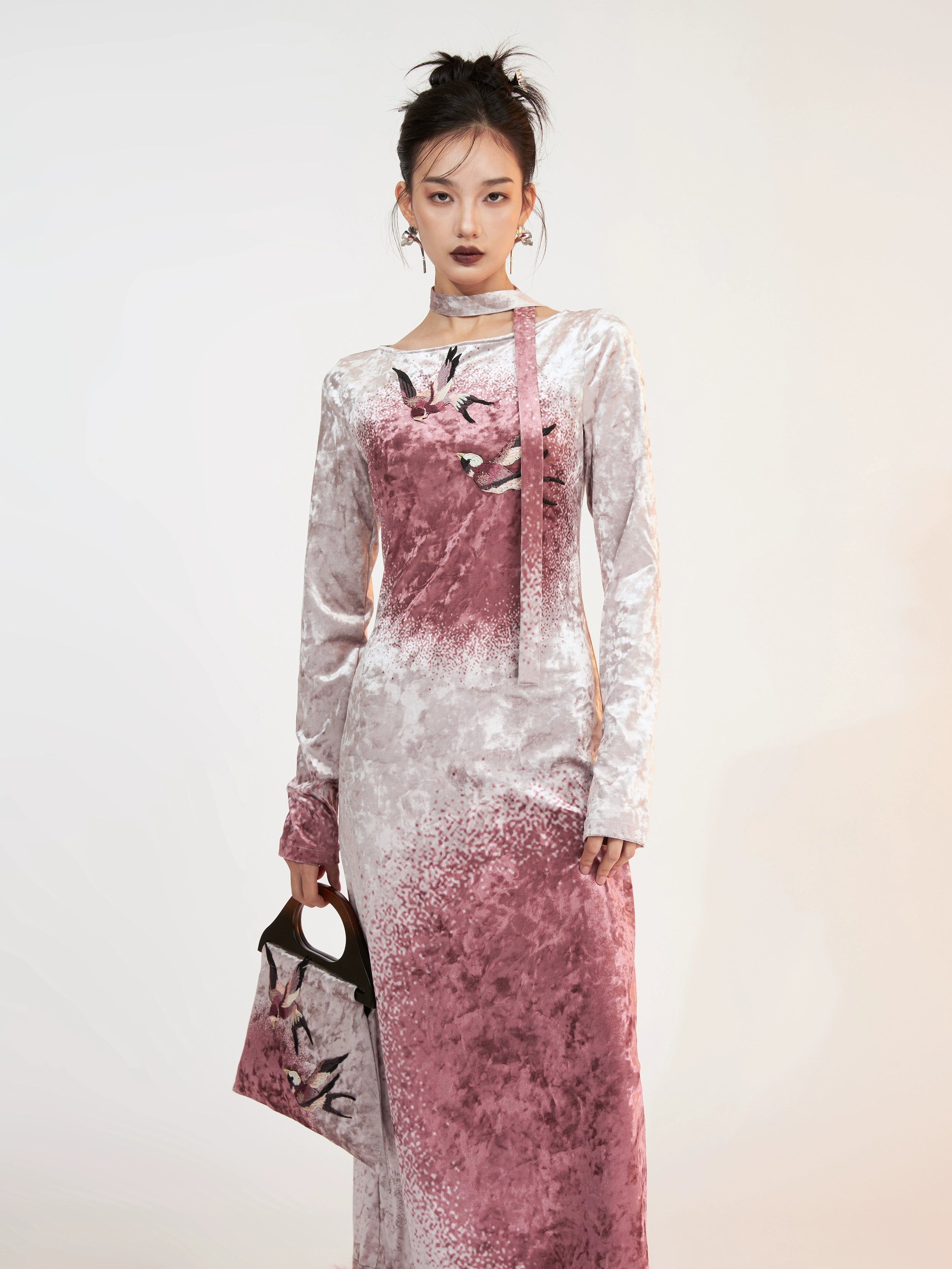 Eidolon Grain Velvet Print Christmas Embroidered Dress
