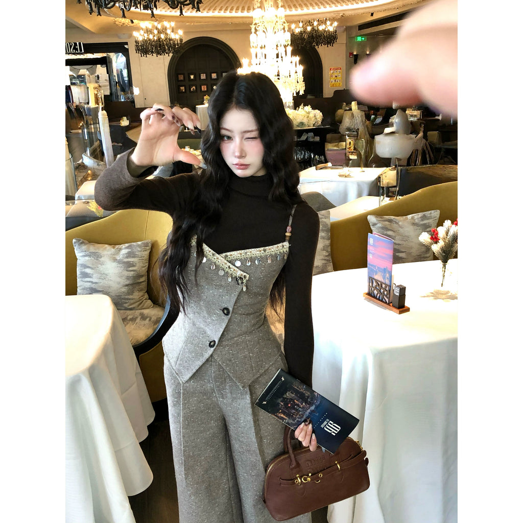 Barb Chill Lace Vest Suit Wide Leg Pants Suit