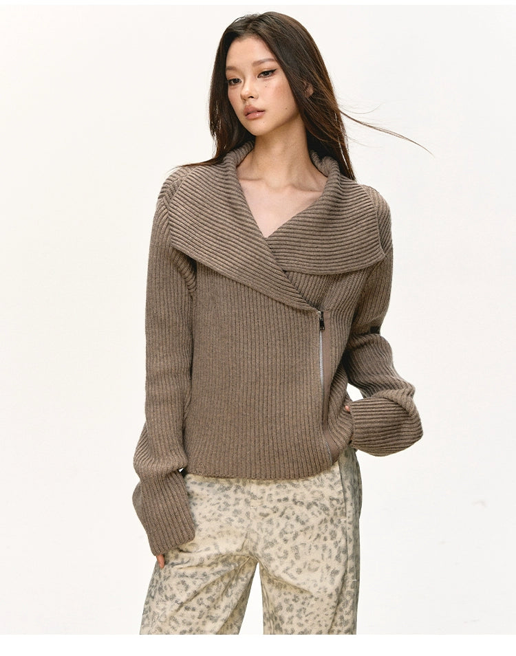 Anna Aneae Big Lapel Zip-up Sweater Jacket