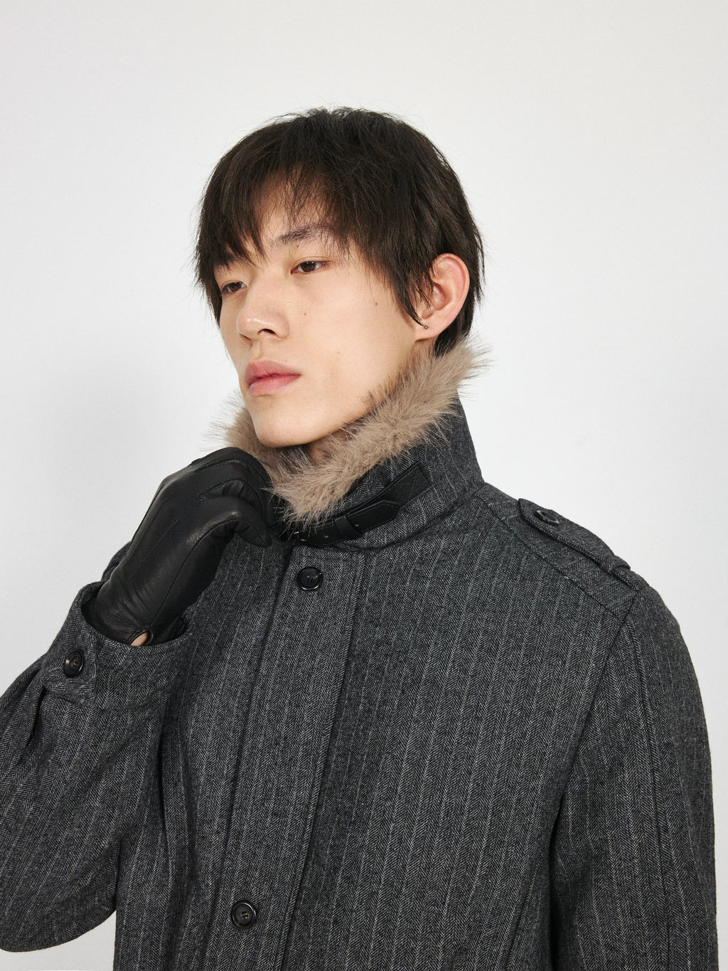 Stay The Night Striped Front Shoulder Removable Fur Collar Cotton Suit