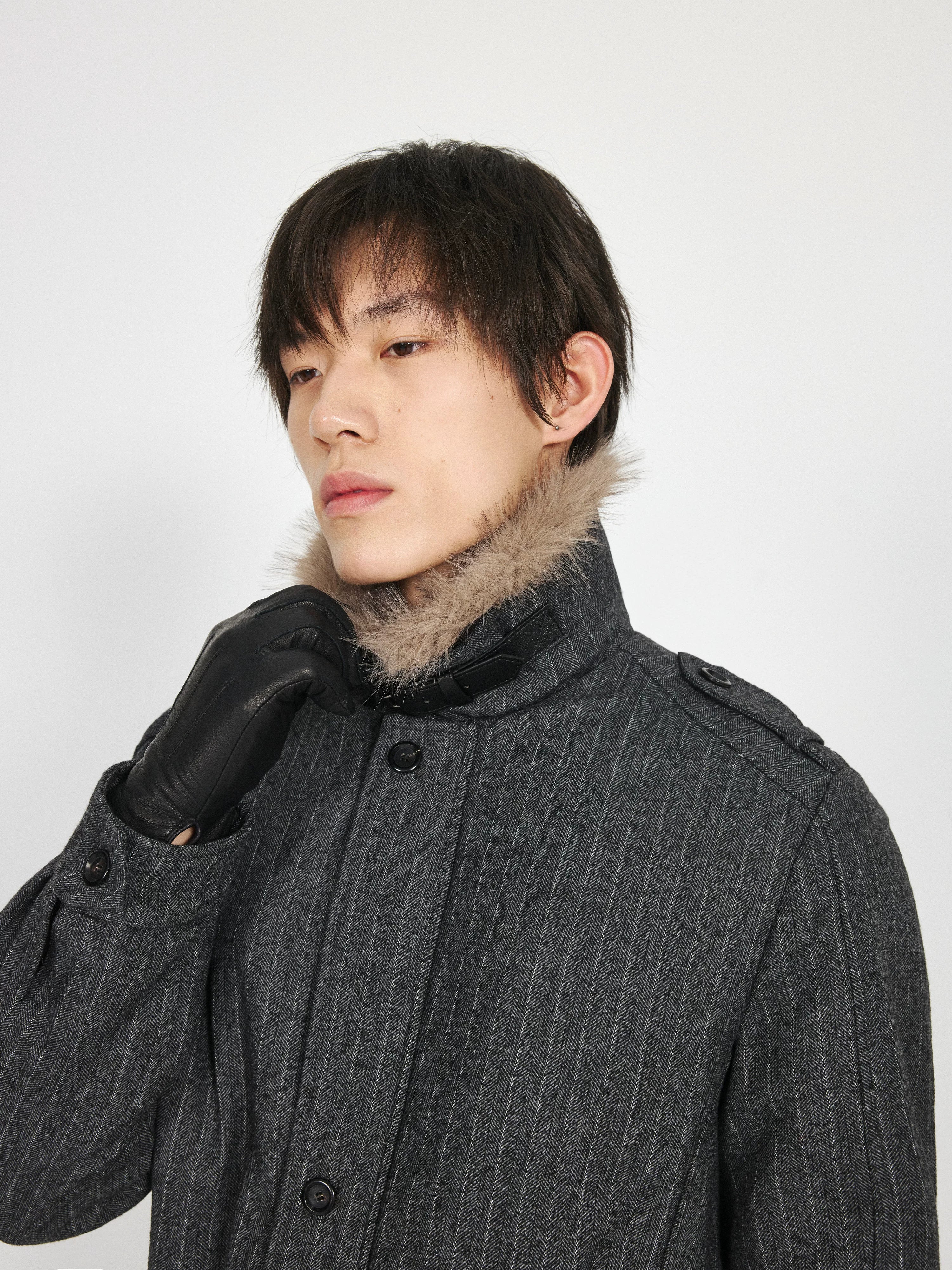 Stay The Night Striped Front Shoulder Removable Fur Collar Cotton Suit