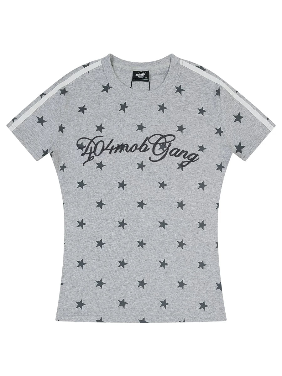 404MOB Chain Embroidery Full Print Striped Slim Tee