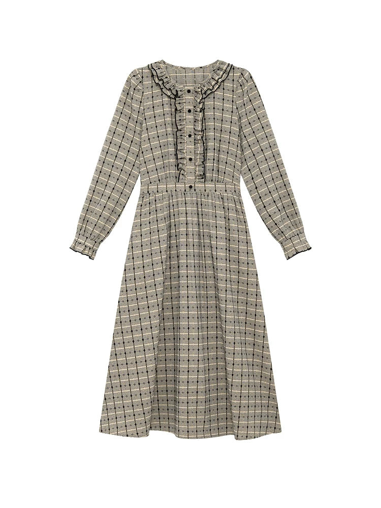 Kano Fungus Edge Collar Bubble Sleeve Plaid Dress