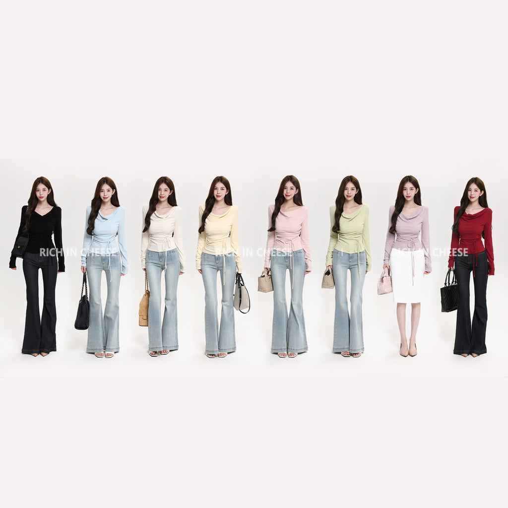 RICH IN CHEESE Waist Fold Temperament Swing Neck Long Sleeve