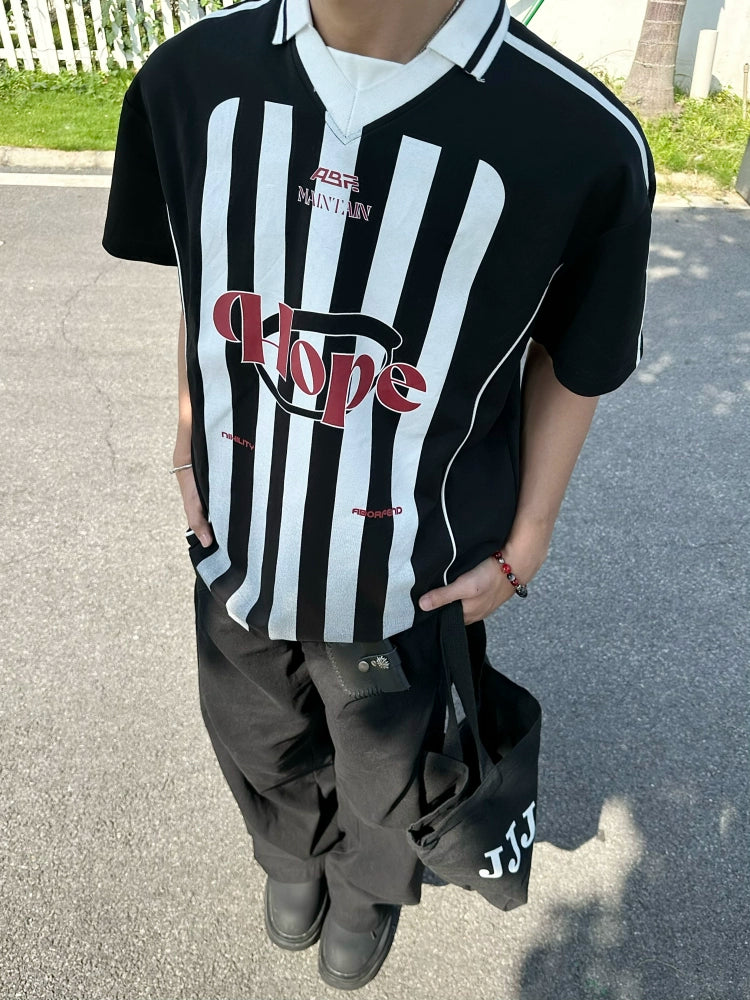 BeOurRule Vintage Striped Polo Shirt V-neck Loose Tee