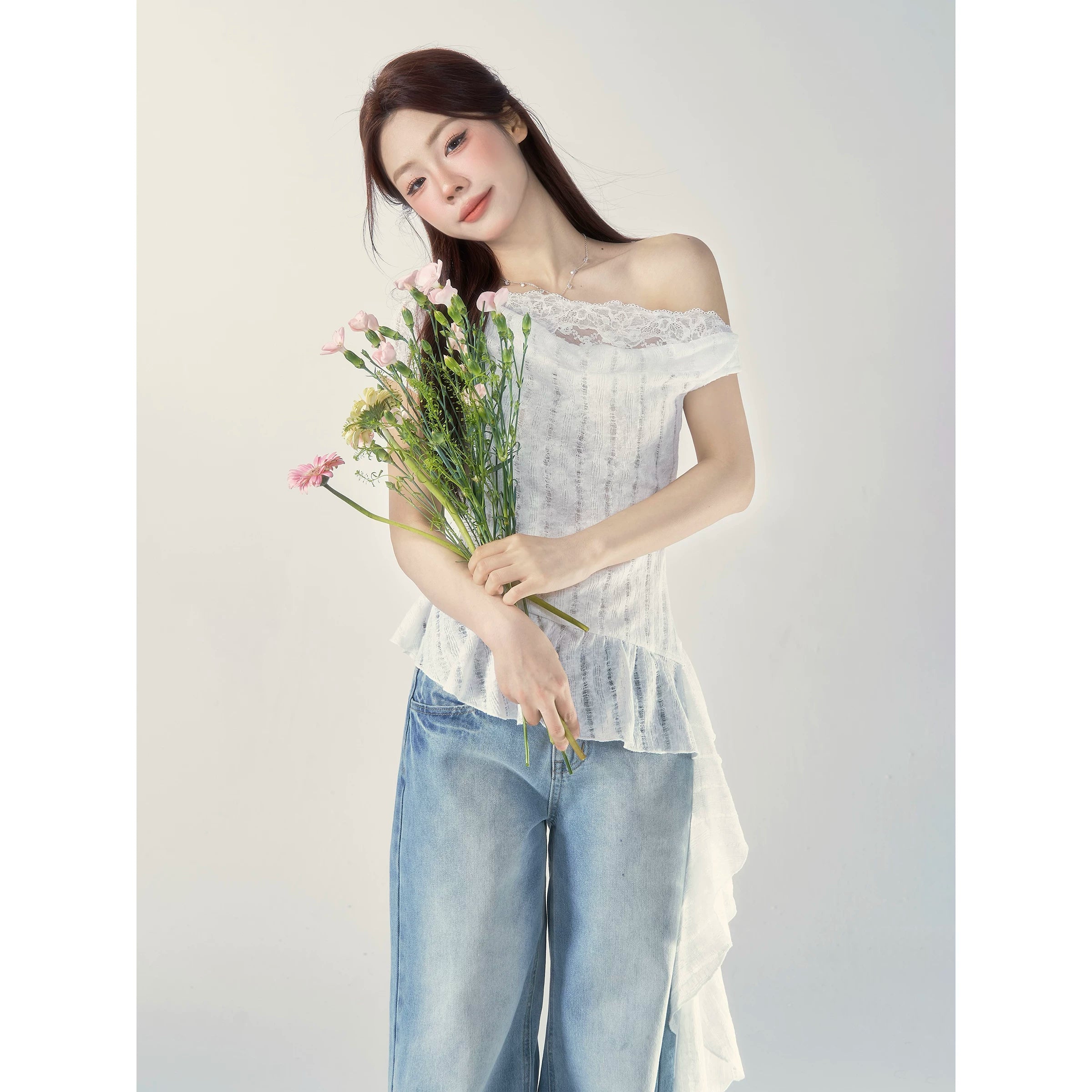 Wildberry Lace Off-the-shoulder Slanted Tee