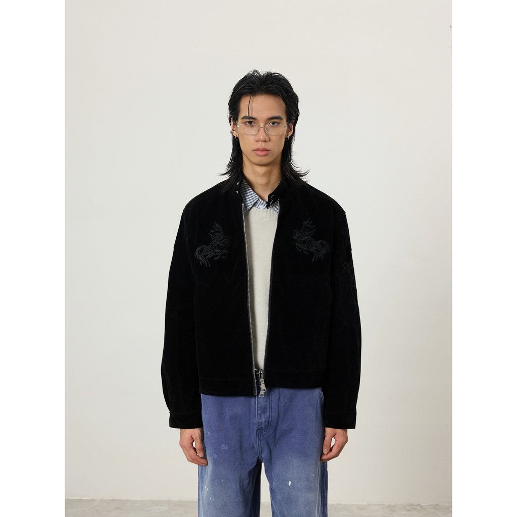 BTSG Vintage Embroidered Suede Stand-Up Jacket